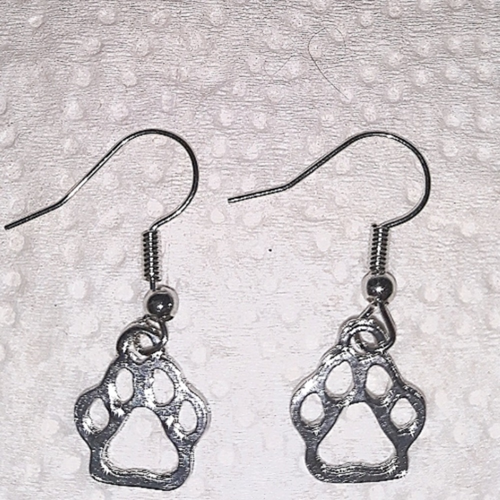 Handmade Silver Paw print Dangle Earrings Small Silver dog cat Paw charms NEW